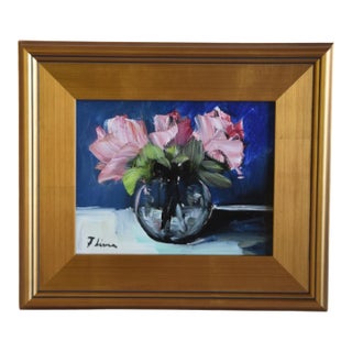 Pink Blush Bouquet of Flowers Oil Painting Including the Antiqued Gold Wood Frame For Sale