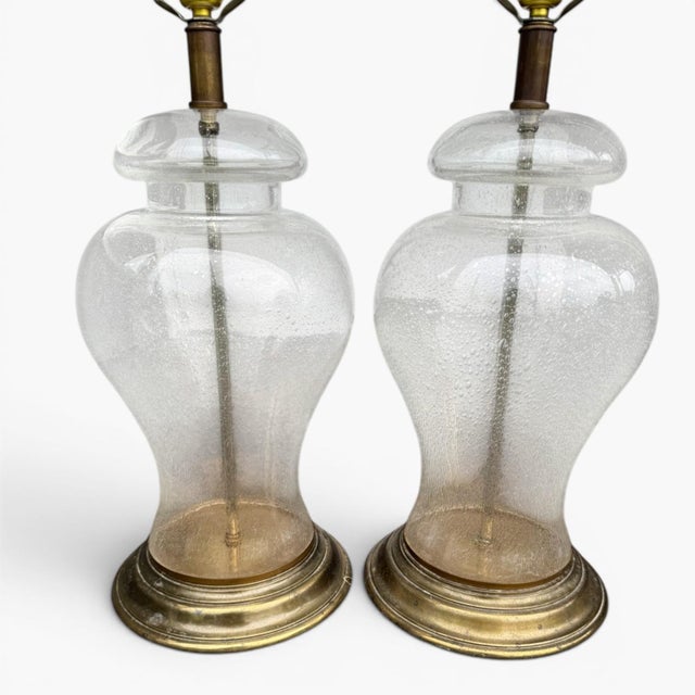 Mid-Century Modern Vintage Ethan Allen Clear Glass Ginger Jar Lamps - Bubble Glass Peleguso - a Pair For Sale - Image 3 of 10