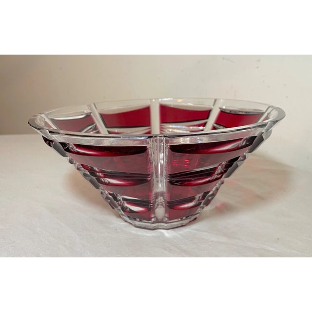Boho Chic Vintage Bohemian Czech Centerpiece Cranberry Red Cut to Clear Glass Crystal Bowl For Sale - Image 3 of 12