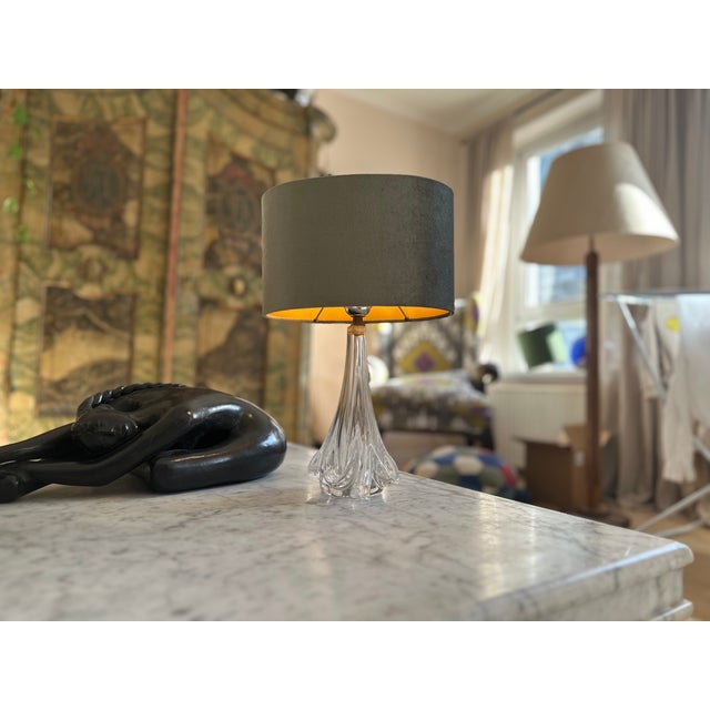 Glass French Crystal Table Lamp with Sage Velvet Shade from Sevres, 1970s For Sale - Image 7 of 17