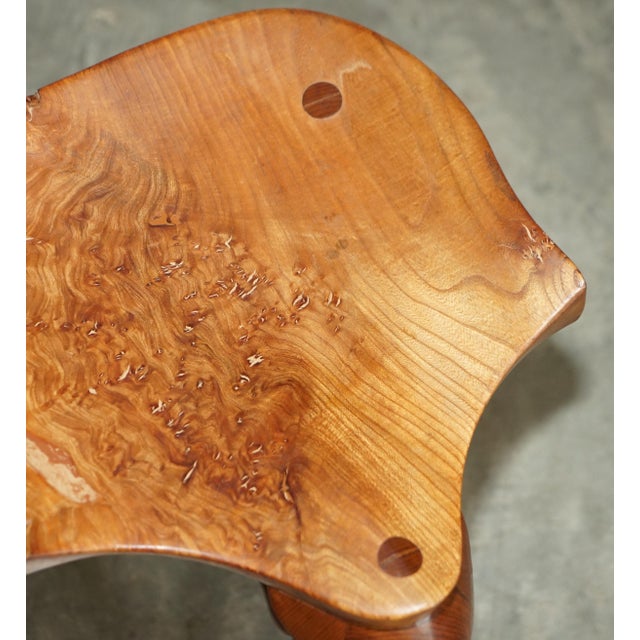 Burr Yew Wood Tripod Stool with Timber Grain For Sale - Image 6 of 18