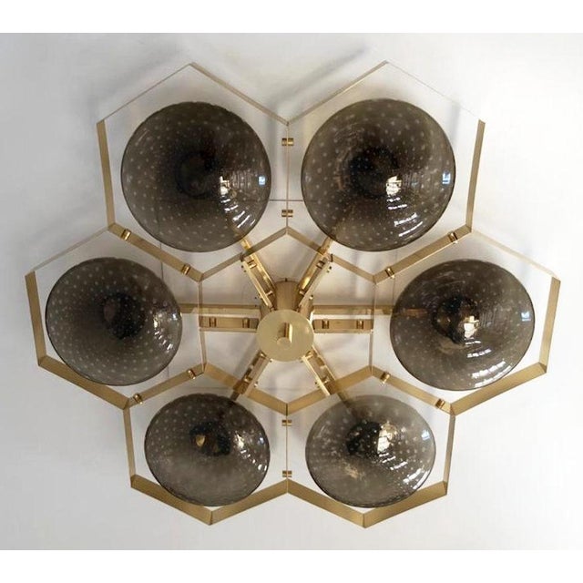 Italian midcentury flush mount with six smoky Murano glass shades carefully hand blown with bubbles inside the glass using...