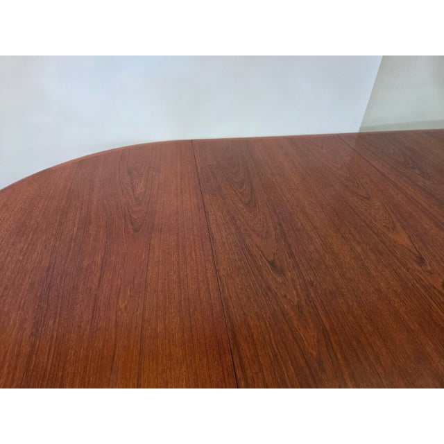 Mid- Century Danish Modern Teak Dining Table Round Opens Oval 105 Inches With 3 Leaves For Sale - Image 14 of 18
