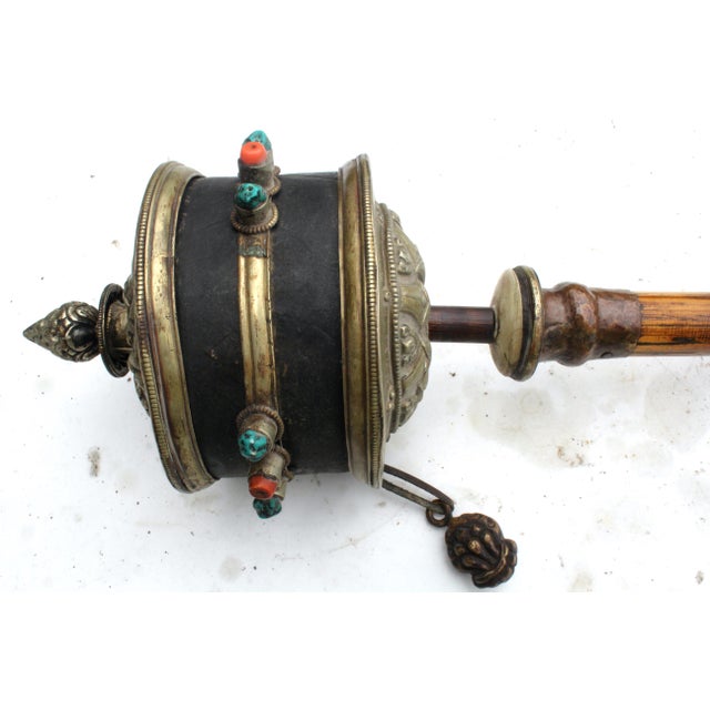 18" Tibetan Prayer Wheel W/Inner Scroll Inlaid Silver 19th Century Monastery Ritual For Sale - Image 12 of 18
