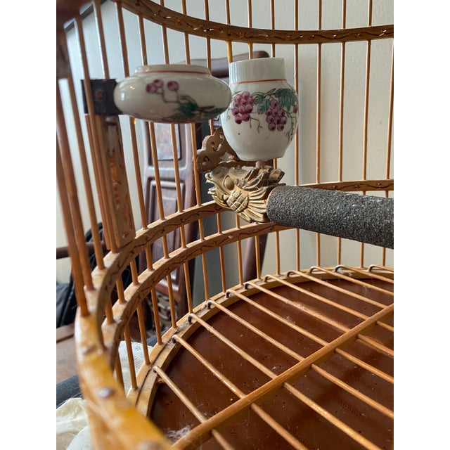 Mid 20th Century Vintage Chinese Bamboo Song Bird Bird Cage With Porcelain Feed Bowls For Sale In Boston - Image 6 of 7
