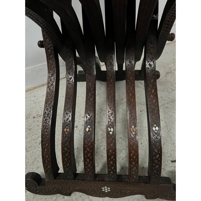 Antique Syrian Folding Armchair in Carved Wood with Inlay, 1800s For Sale - Image 3 of 13