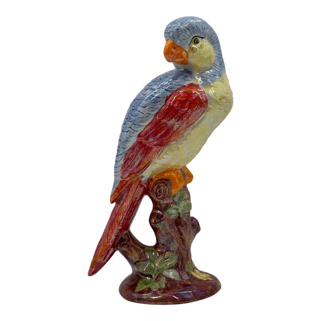 Hand-Painted Ceramic Parrot Sculpture With Iridescent Glaze For Sale