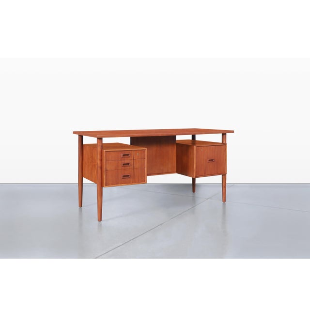 Danish Modern Executive Floating Top Teak Desk by Johannes Sorth For Sale In Los Angeles - Image 6 of 14