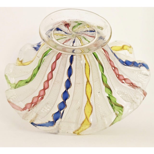 Gold Murano Latticino Ribbon Art Glass Footed Bowl — Multicolor Gold Fleck, Italy For Sale - Image 8 of 14