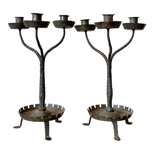 Vintage Boho Twisted Wrought Iron Candelabras - A Pair For Sale