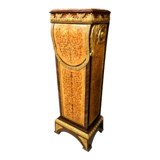 French Rococo Empire Pedestal Stand With Marble Top, Exotic Wood Veneers, Gold Leaf & Bronze Ormolu Accents For Sale
