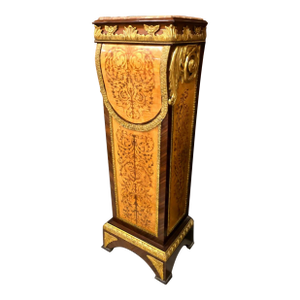 French Rococo Empire Pedestal Stand With Marble Top, Exotic Wood Veneers, Gold Leaf & Bronze Ormolu Accents