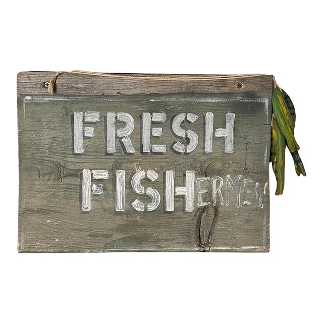Rustic Hand Painted Sign “Fresh Fishermen” and Carved Fish For Sale
