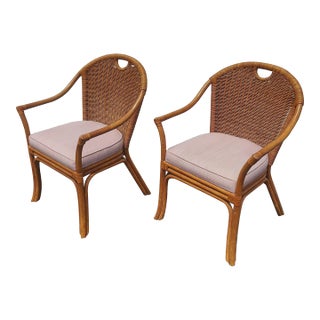 Mid 20th Century Boho Chic Bamboo Rattan and Wicker Arm Chairs – Set of 2 For Sale