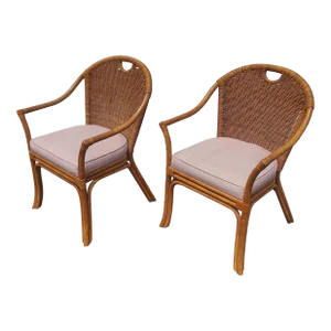 Mid 20th Century Boho Chic Bamboo Rattan and Wicker Arm Chairs – Set of 2