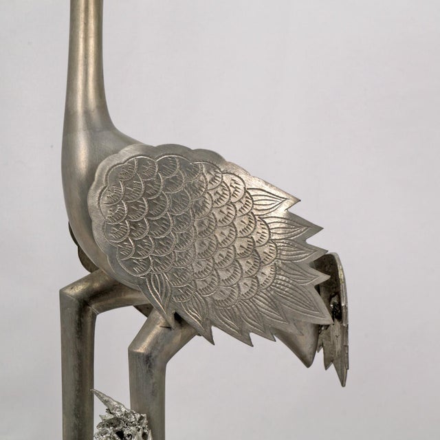 Pair Chinese Mixed-Metal Pewter Crane Sculptures Candlesticks For Sale - Image 11 of 12