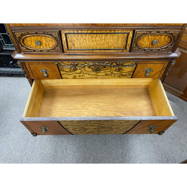 Brown Antique 1930's Bedroom Highboy Dresser Chest of Drawers, Hand Carved Walnut, Burl Inlay For Sale - Image 8 of 13