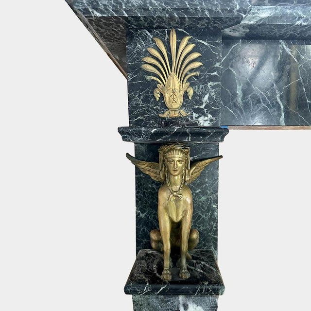 Green French Empire Egyptian Revival Marble and Ormolu Fireplace Mantel, 1820 For Sale - Image 8 of 11