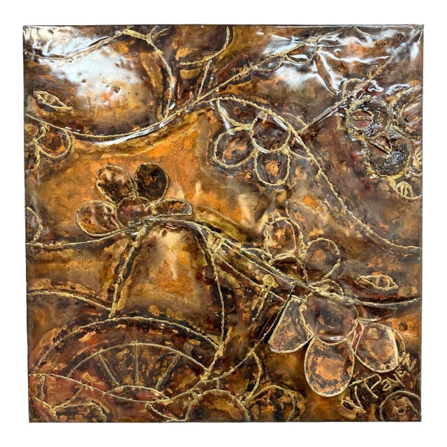 Vincent Payez Signed 1967 Torch Copper Wall Art, Brutalist Floral Repoussé Panel For Sale
