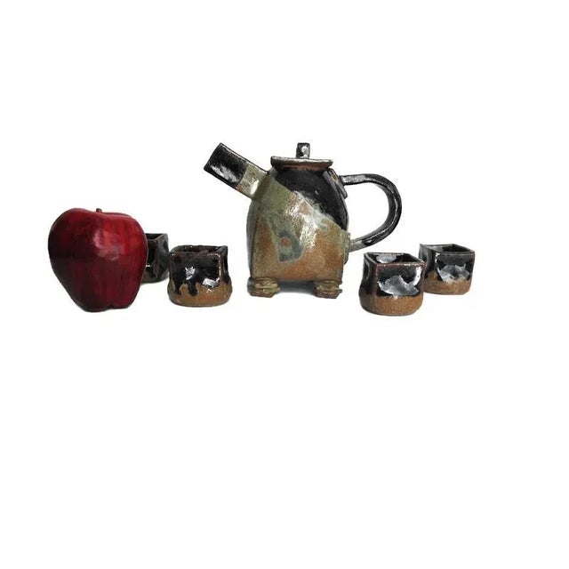 Japanese 1990s Artisan Japanese-Style Raku Pottery Tea Set- 5 Pieces For Sale - Image 3 of 13