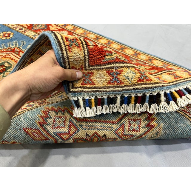 Blue and Rust Red Kazak Wool Runner Rug, Tribal Hallway Rug, 2'6" X 10'6" For Sale - Image 15 of 17