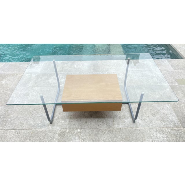 Round tubular steel frame, gray paint in good condition 10mm thick glass top One light wood drawer Length 130cm Depth 75cm...