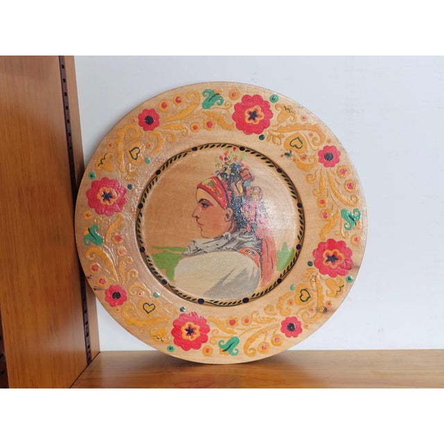 Folk Art Pair of Czech Folk Art Pyrography Hand-Painted Wooden Decorative Plates For Sale - Image 3 of 7