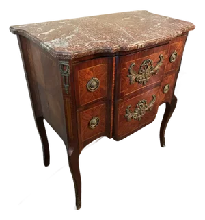 Antique Louis XV Style French Inlaid Marble Top Chest or Commode.
