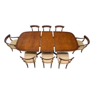 Single Pedestal One Leaf Oval Banded Dining Table 8 Regency Chairs Set MINT! For Sale