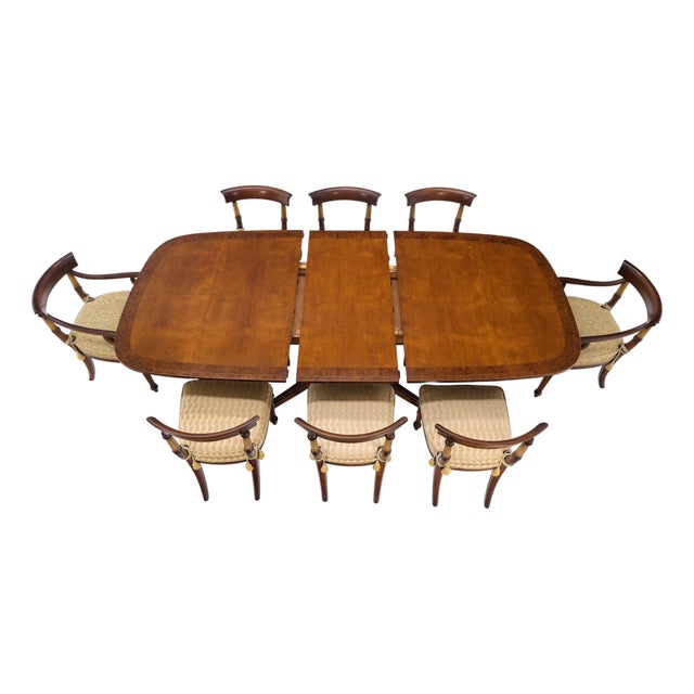 Single Pedestal One Leaf Oval Banded Dining Table 8 Regency Chairs Set MINT! For Sale