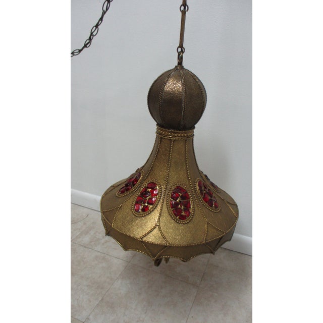 French Vintage Spanish Regency Brass Jeweled Hanging Lamp Chandelier For Sale - Image 3 of 11