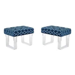 Blue Brocade Chenille Benches With Lucite Legs - a Pair For Sale