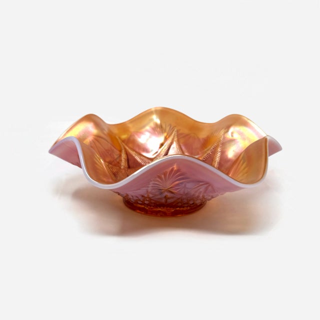 Vintage Dugan Ski Star Peach Opalescent Carnival Glass Ruffled Bowl For Sale - Image 4 of 8