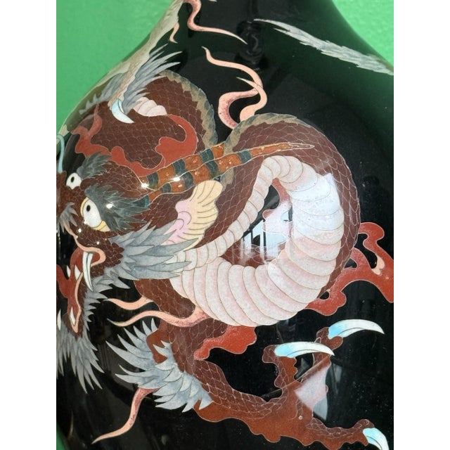 Monumental Pair of Meiji Japanese Cloisonne Enamel Dragons on Black Enamel Vases For Sale - Image 4 of 9