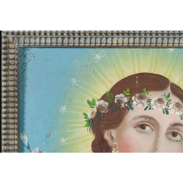 Mexican Our Lady of the Dove, Oil on Tin, 19th Century For Sale - Image 3 of 15