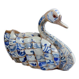 Mid 20th Century Shard Ware Blue and White Porcelain Mosaic Swan For Sale