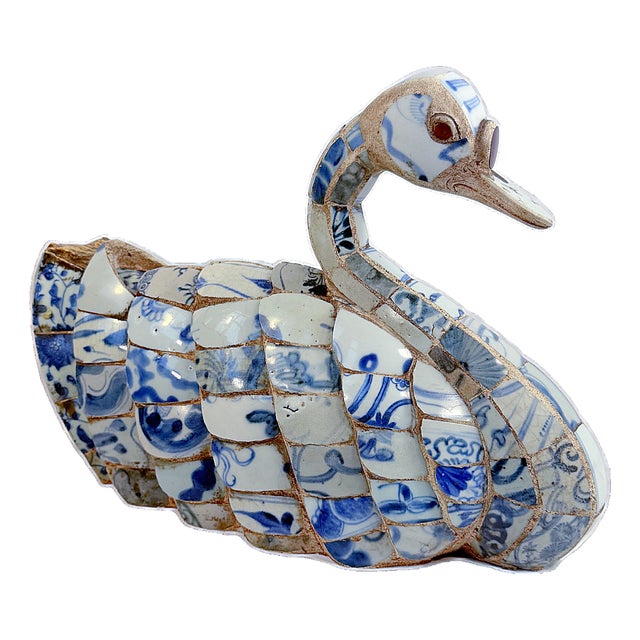 Mid 20th Century Shard Ware Blue and White Porcelain Mosaic Swan For Sale