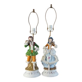Vintage Porcelain Figural Lamp Young Man & Woman- A Pair For Sale