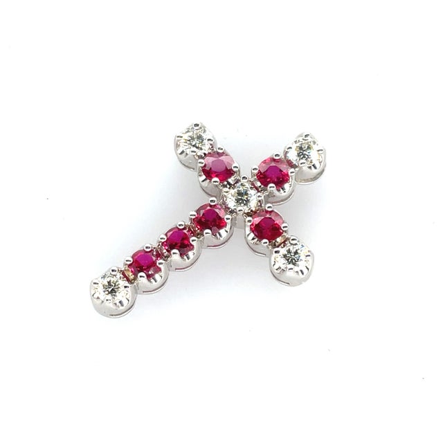 2010s 14k White Gold Diamond & Ruby Cross Pendant Necklace For Sale - Image 5 of 7
