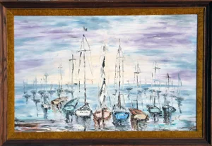 Marina, Fred Roner Oil on Canvas, Signed Lower Right