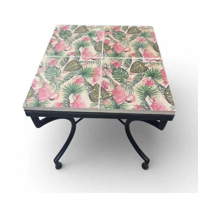 2020s Tropical Flamingo Tile-Top Side Table With Wrought Iron Base For Sale - Image 5 of 7