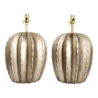 Late 20th Century Large Silver Painted Plaster Cactus Table Lamps - A Pair For Sale