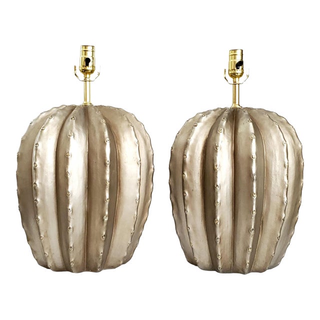 Late 20th Century Large Silver Painted Plaster Cactus Table Lamps - A Pair For Sale