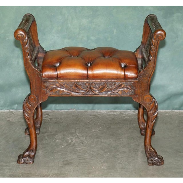 Victorian Carved Hardwood and Brown Leather Chesterfield Window Seat, 1890 For Sale - Image 15 of 18
