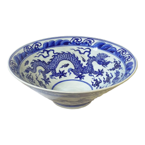 Large Vintage Chinoiserie Blue & White Centerpiece Dragon Motif Bowl 17.5" D