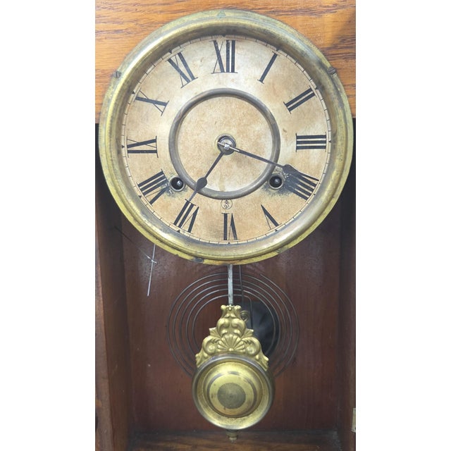 Antique New Haven "Maine Line" 8-Day Striking Stenciled Glass & Wood Case Mantel Clock For Sale - Image 9 of 18