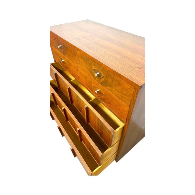 1960s Vintage Mid-Century Modern Walnut 4-Piece Bedroom Set With Diamond Parquet Accent Inlay– Highboy, Long Dresser, & End Table Set For Sale - Image 5 of 16