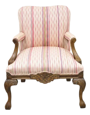 Vintage Georgian Style Carved Walnut Paw Foot Pink Upholstered Club Lounge Chair