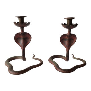 Vintage Brass and Enamel Cobra Candlestick Holders - a Pair For Sale