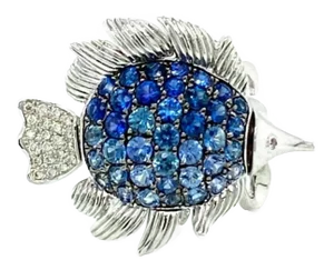 Sapphire & Diamond 14k White Gold Movable Fish Ring - Size 6.5